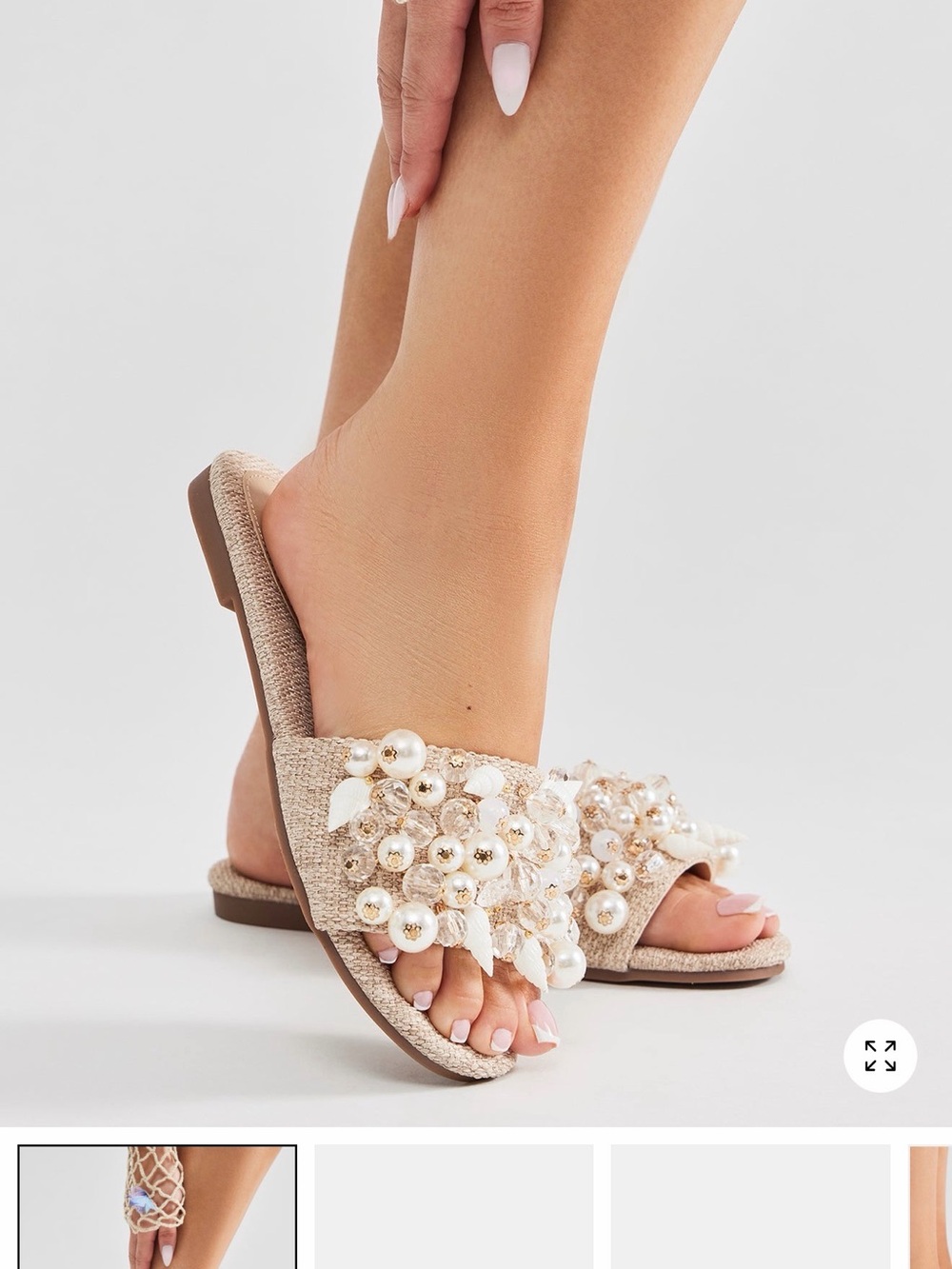 Embellished Pearl Beige Slide Sandals - Women